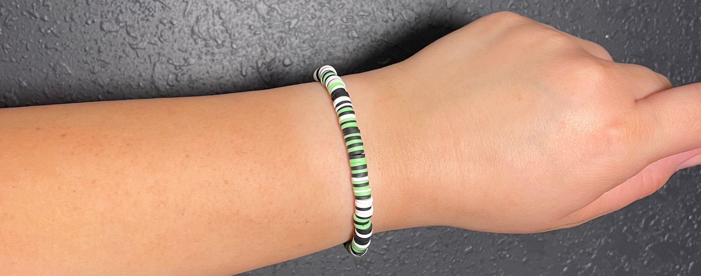 Green, Black & White Clay Beaded Bracelet